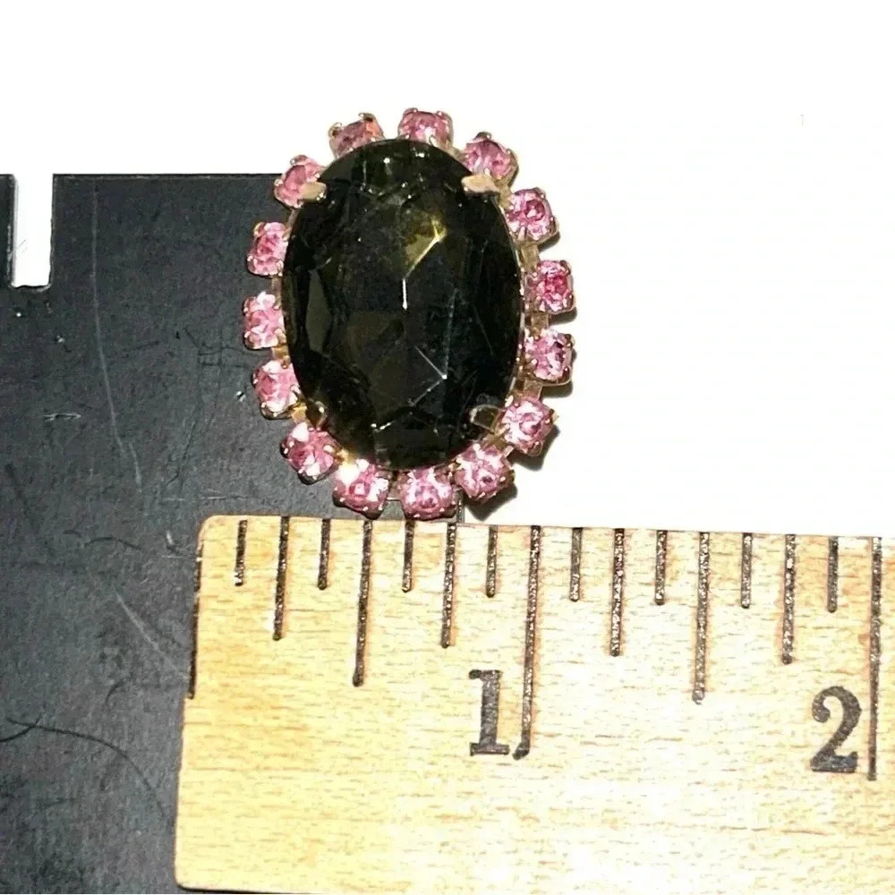 Vtg Smoky Quartz Pink Crystal Rhinestone Earrings Glass Goldtone Oval Clip On - Picture 9 of 10